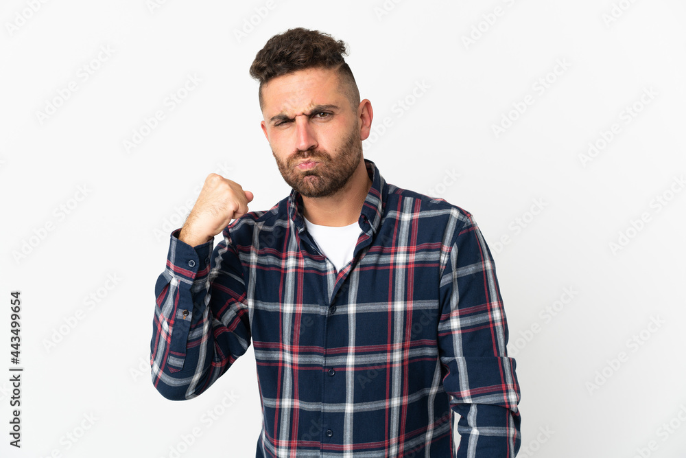 Caucasian man isolated on white background with unhappy expression Caucasian man isolated on white background with unhappy expression