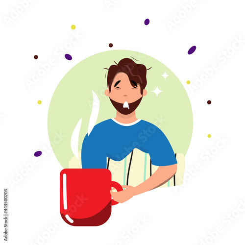 Sleepy man with cup of coffee. Early in the morning. Monday. Tired man trying to wake up with a cup of big cup of coffee.