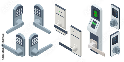 Isometric Door electronic access control system machine. Biometric access control machine, Electronic security door lock icon with keypad and fingerprint reader.