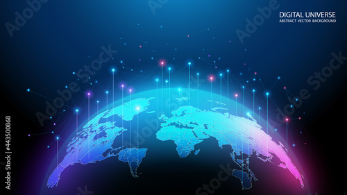 Vector image. Map of the planet. World map. Global social network. Future. Blue futuristic background with planet Earth. Internet and technology. Floating blue plexus geometric background.