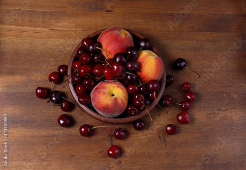 peach, string on a wooden table