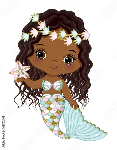 African American Cute Little Mermaid with Starfish