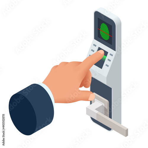 Isometric Finger print scan for enter security system, Biometric access control. Digital touch scan identification or electronic sensor authentication.