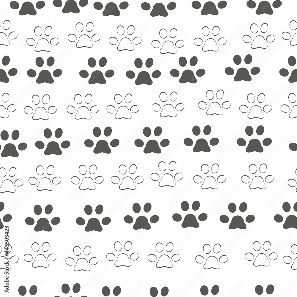 Fototapeta premium Cat paw seamless pattern, outline sketch print on white background