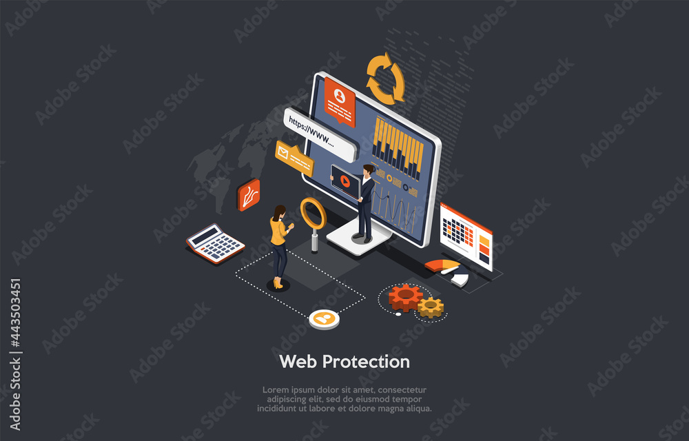 Vector Illustration, Cartoon 3D Style. Isometric Composition On Dark Background. Website Protection, Internet Safety Service, Data Privacy, Theft Danger Conceptual Design. Computer Screen, Characters. Vector Illustration, Cartoon 3D Style. Isometric Composition On Dark Background. Website Protection, Internet Safety Service, Data Privacy, Theft Danger Conceptual Design. Computer Screen, Characters.