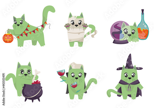 Cat in different costumes. Halloween characters in cartoon style