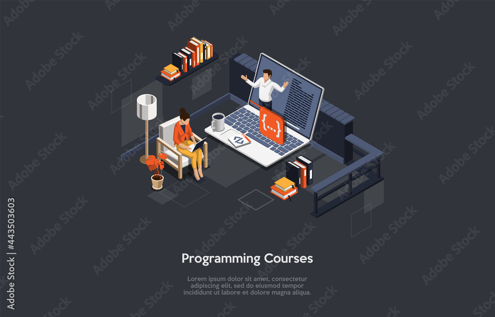 Programming Courses Online Education, Personal Training, Internet Tech Study Concept. Vector Cartoon Style Illustration. 3D Isometric Composition With Text, Characters, Infographics. Profession Learn.