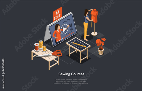 Remote Internet Sewing Courses, Online Profession Education Concept. Vector Cartoon Style Illustration. 3D Isometric Composition With Text, Characters, Infographics. Video Training For Hobby Or Work.