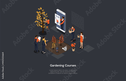 Remote Gardening Courses, Internet Profession Or Video Hobby Training, Team Online Education Concept. Vector Cartoon Style Illustration. 3D Isometric Composition With Text, Characters, Infographics.