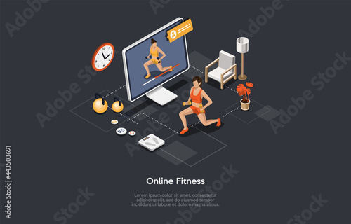 Online Fitness And Gymnastics, Video Sport Training Strategy, Remote Lesson With Personal Trainer Concept. Vector Cartoon Style Illustration. 3D Isometric Composition With Text, Character, Infographic