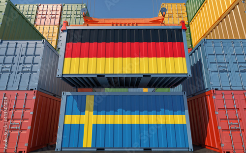 Container Terminal. Two cargo Container with Germany and Sweden flags. 3D Rendering