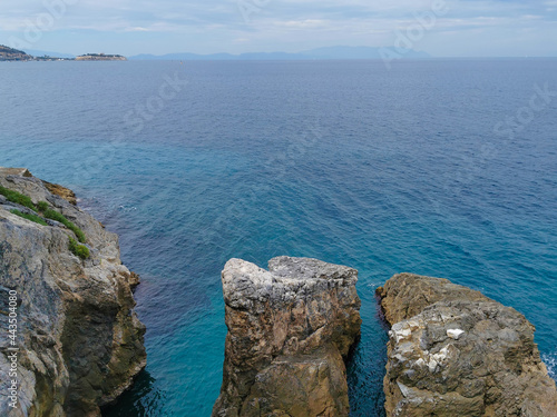 View of the coast with the rocks of the Aegean Sea.