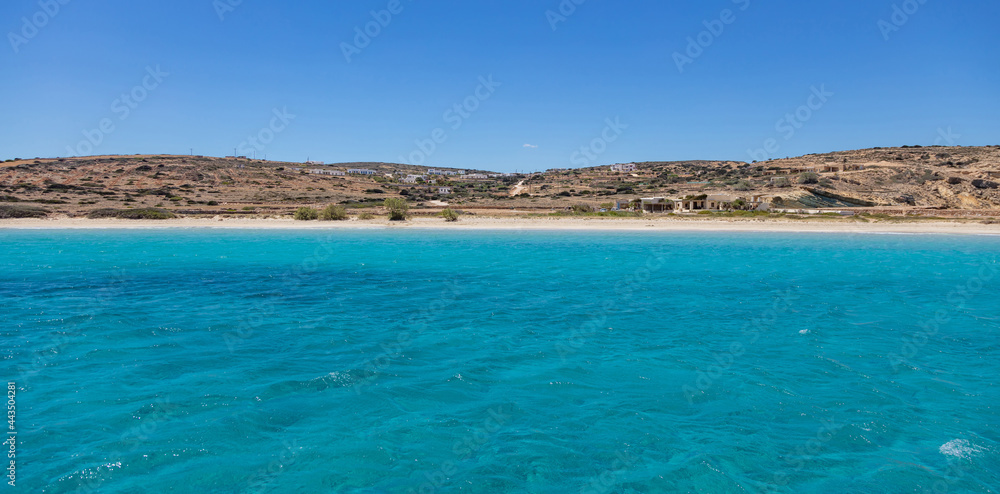 Cyclades islands, Koufonisi sandy beach, clear transparent water, Greece.