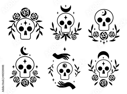 Set icon skull magic symbols esoteric witch tattoos with crescent moon, rose flower, branch of leaves, star. Vector flat mystic vintage illustration. Design for poster, card, flyer, tarot