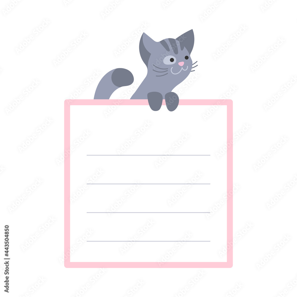 Cute grey cat and blank, paper with pink border isolated on white background. Vector illustration for postcard, banner, web, decor, design, arts, calendar, notes, list.