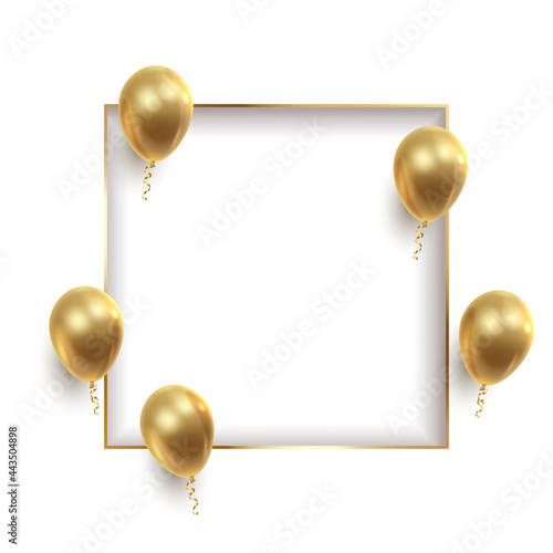 Poster witn realistic golden ballons, ribbons, serpentine, confetti and white paper cut square. Vector illustration for card, party, design, flyer, poster, decor, banner, web, advertising. 