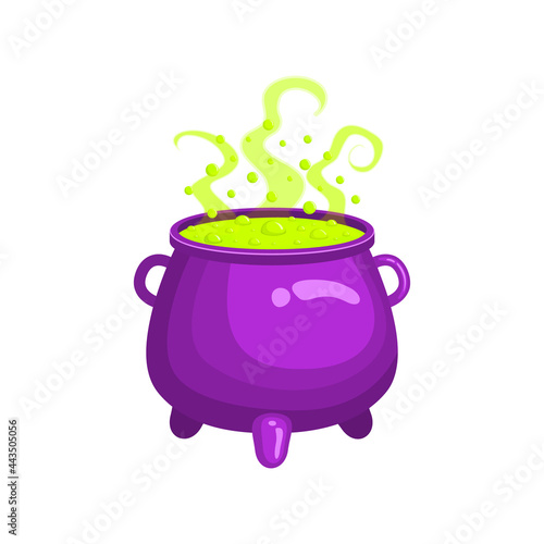 Witch cauldron with green steaming and bubbling liquid isolated on white background. Magic potion. Witchcraft equipment. Halloween design element. Vector cartoon illustration.