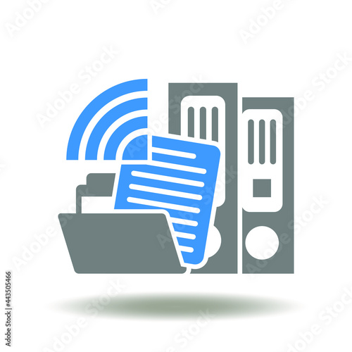 Folder binder or directory with document paper list and wifi wireless radio signal vector illustration. DMS Data Management System Icon. Datum Information Technology Symbol.
