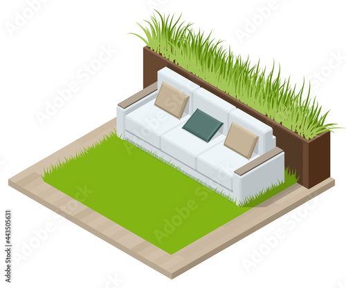 Isometric Green Wall in Office. Comfortable Sofas and Green Plants. Rest Area at the Front Desk of the Modern Office.