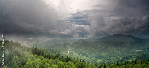 A threatening thunderstorm moves over the Murgtal in the Northern Black Forest