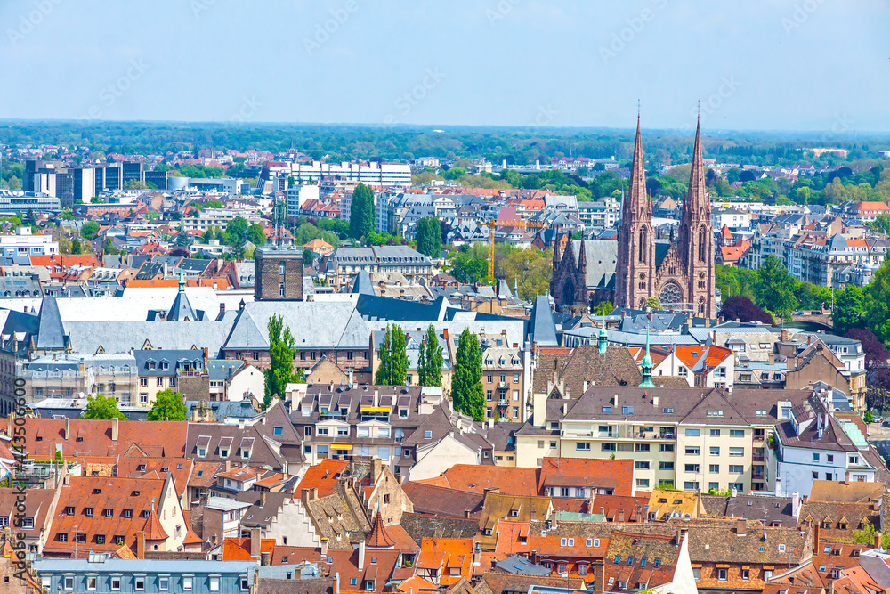 Skyline panoramic aerial view of Strasbourg old town, Grand Est region, France. Strasbourg Cathedral. View to North-West side of the city and Roman Catholic church Eglise Saint-Paul