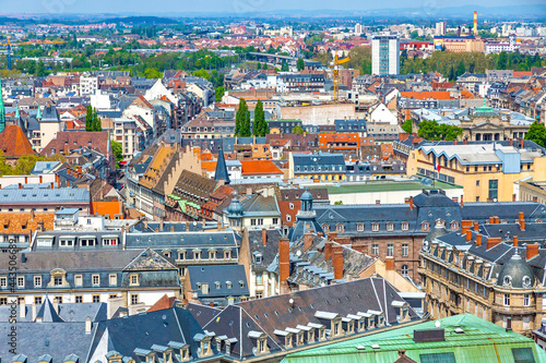 Skyline aerial view of Strasbourg old town  Grand Est region  France. Strasbourg Cathedral. View to the North side of the city