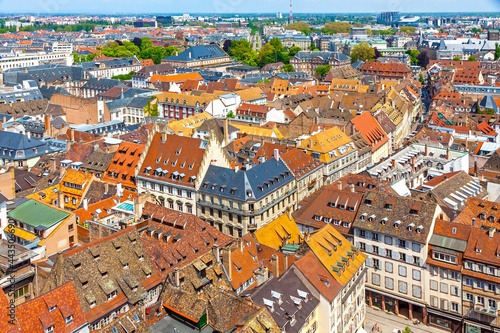 Skyline aerial view of Strasbourg old town, Grand Est region, France. Strasbourg Cathedral. View to corner of Rue des Juifs and Rue des Dome streets