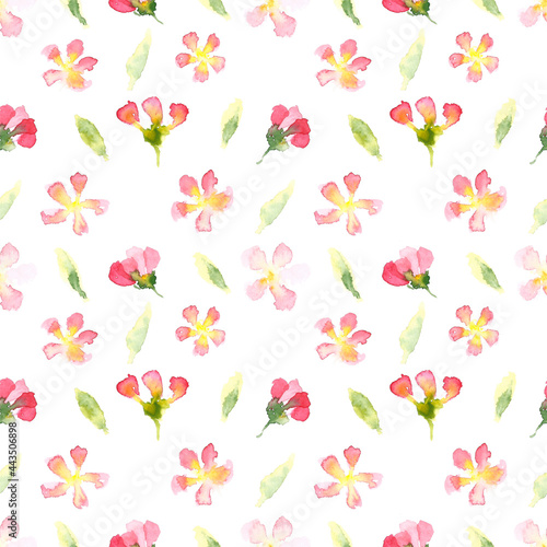 Watercolor seamless pattern with red tulips and green leaves