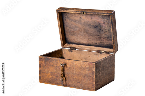 Lockable old wooden box. Container for storing small items with an open lid.