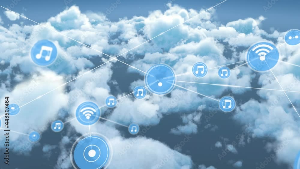 Animation of network of connections with icons over clouds and sky
