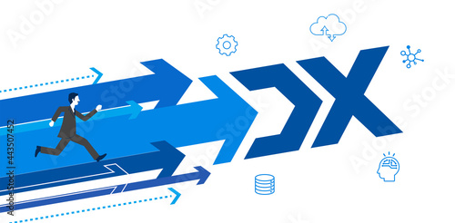 走る経営者と矢印、DXの文字、DX促進のイメージイラスト、白バック、ベクター