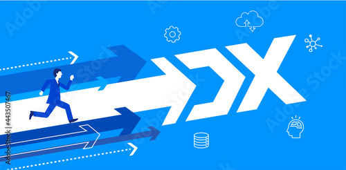 走るビジネスマンと矢印、DXの文字、DX促進のイメージイラスト、青バック、ベクター