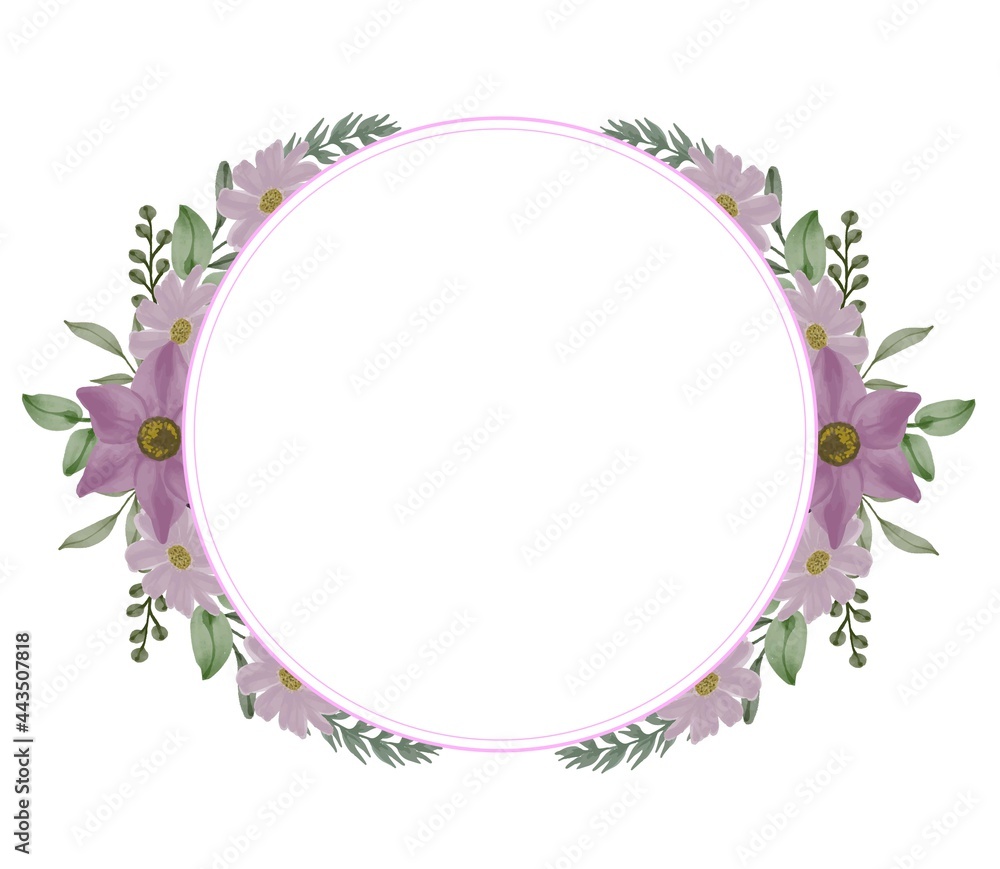 circle frame with purple watercolor bouquet for wedding card