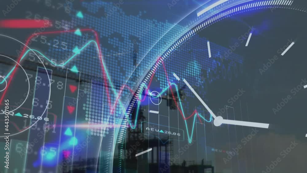 Animation of clock and financial data processing over construction site Animation of clock and financial data processing over construction site
