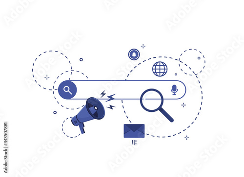 Web search page. Web window on white background. In flat design vector illustration. Browser with search bar field and search button. Blue. Eps 10