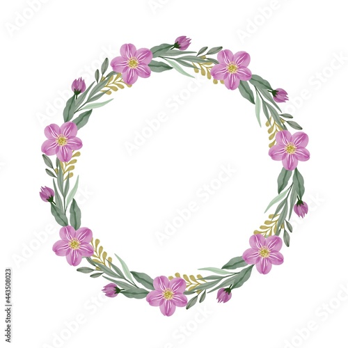 circle frame with pink flower and green leaf border, purple wreath