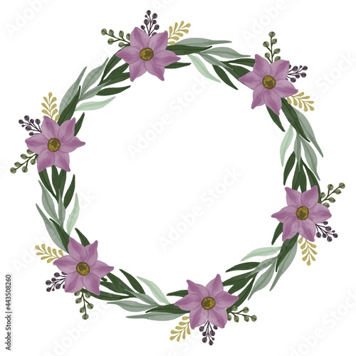 circle green leaf frame with purple flower border, purple wreath