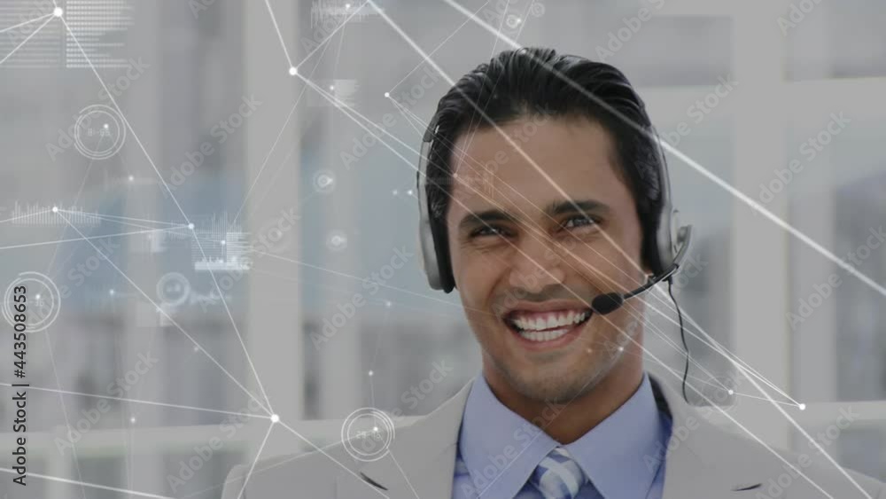 Animation of network of connections over businessman using phone headsets Animation of network of connections over businessman using phone headsets