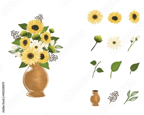 arrangement of watercolor sunflower in brown vase with flower element, twig, bud and leaves