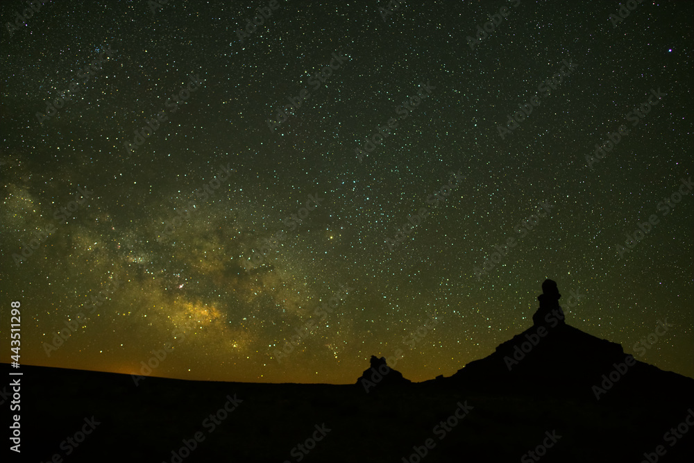 The Milky Way with Rooster Butte and Setting Hen Butte in the foreground in the Valley of the Gods in Southeastern Utah_850_7373