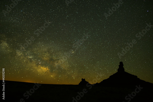 The Milky Way with Rooster Butte and Setting Hen Butte in the foreground in the Valley of the Gods in Southeastern Utah_850_7373