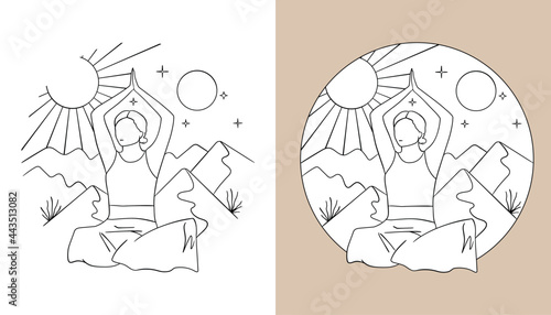 Woman meditating on the mountain background. 2 yoga illustrations: illustration  in the circle and illustration  on the white background. Vector yoga illustrations