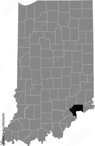 Black highlighted location map of the Hoosier Jefferson County inside gray map of the Federal State of Indiana, USA