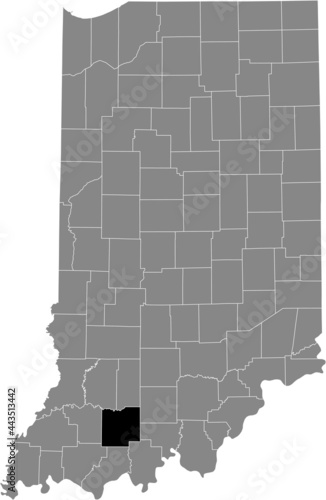 Black highlighted location map of the Hoosier Dubois County inside gray map of the Federal State of Indiana, USA