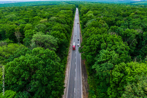 red cargo truck drives on an asphalt highway through a green forest. Drone top view