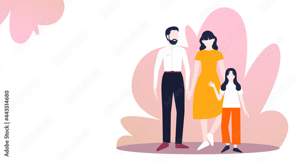 Family Vector illustration in flat design with copy space Poster template with mother, father and daughter standing together on gradient floral background