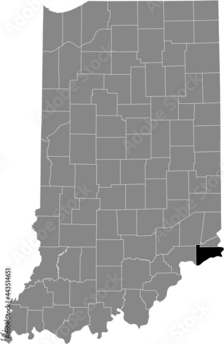 Black highlighted location map of the Hoosier Switzerland County inside gray map of the Federal State of Indiana, USA