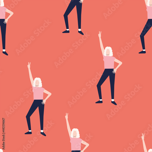 Dancing girl seamless pattern Vector illustration in flat design Young blond woman posing with hand gesture on bright orange backdrop