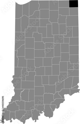 Black highlighted location map of the Hoosier Steuben County inside gray map of the Federal State of Indiana, USA