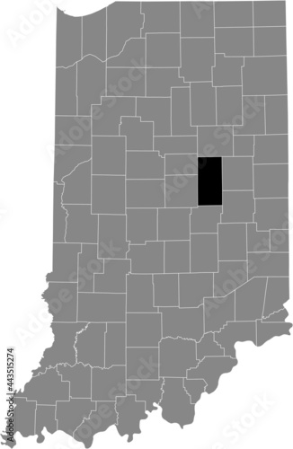 Black highlighted location map of the Hoosier Madison County inside gray map of the Federal State of Indiana, USA